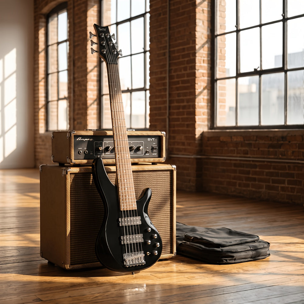 White Electric Bass Guitar with 44 Inch GIB, 6 Strings, H-H Pickups, Laurel Wood Fingerboard, And Included Bag And Additions