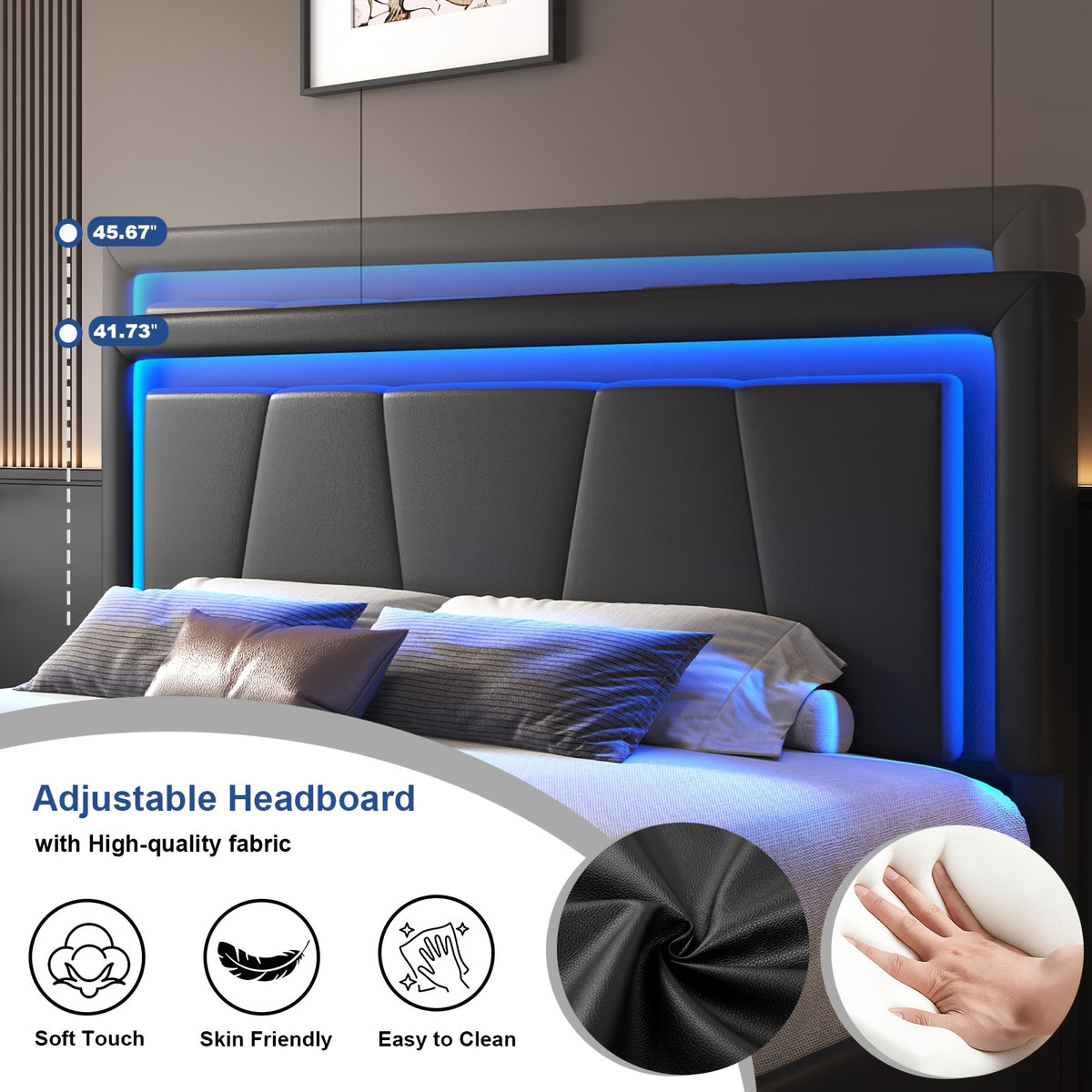 Upholstered Platform Bed Frame with 4 Storage Drawers, Twin/Full/Queen Size Bed Frame with LED Lights And Adjustable Headboard, Metal Slats Support, Charging Station, Easy Assembly, Noise Free, Black/White