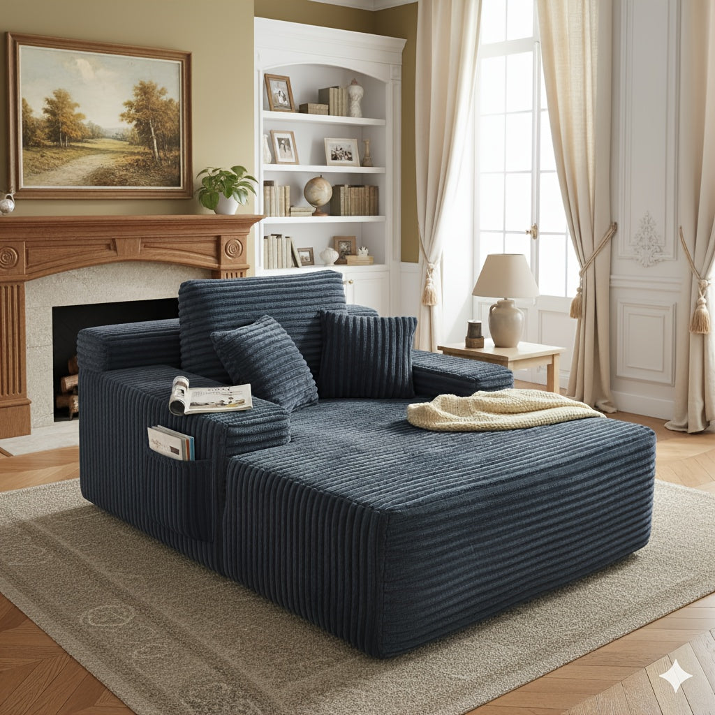 47.24 Inches Wide Chaise Lounge Indoor, Oversized Chaise Lounge Chair with 3 Throw Pillows And Armrests, Corduroy Upholstered Plush Sofa Bed Lazy Chair Bed Sleeper Chair for Living Room Apartment
