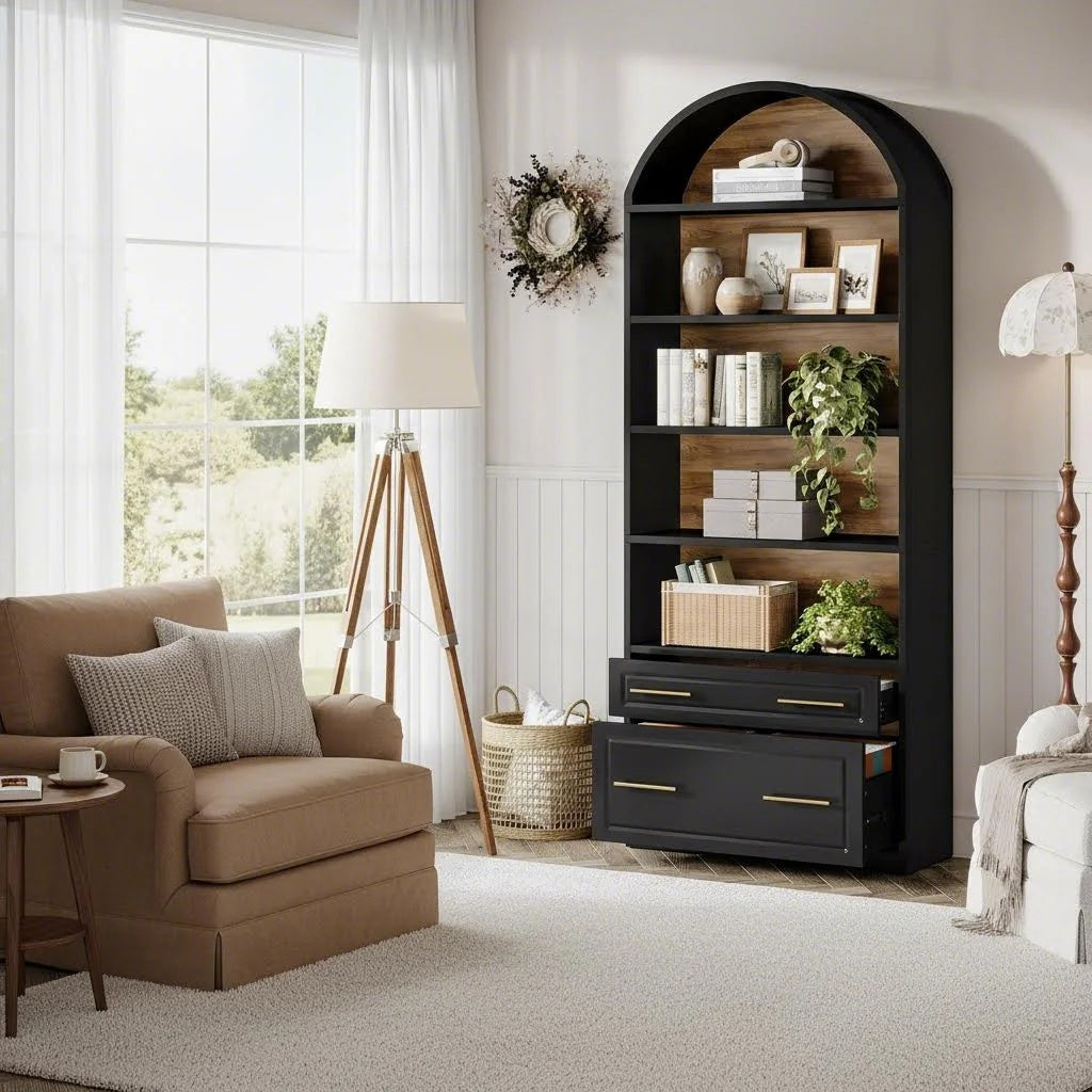 BYBLIGHT 76.8" Tall Arched Bookcase, Modern Freestanding Wooden Bookshelves, 5-Tier Bookshelf with File Cabinet Drawer, Large Open Display Storage Shelves, for Home Office Living Room, Assembly Required, Multiple Colors Available