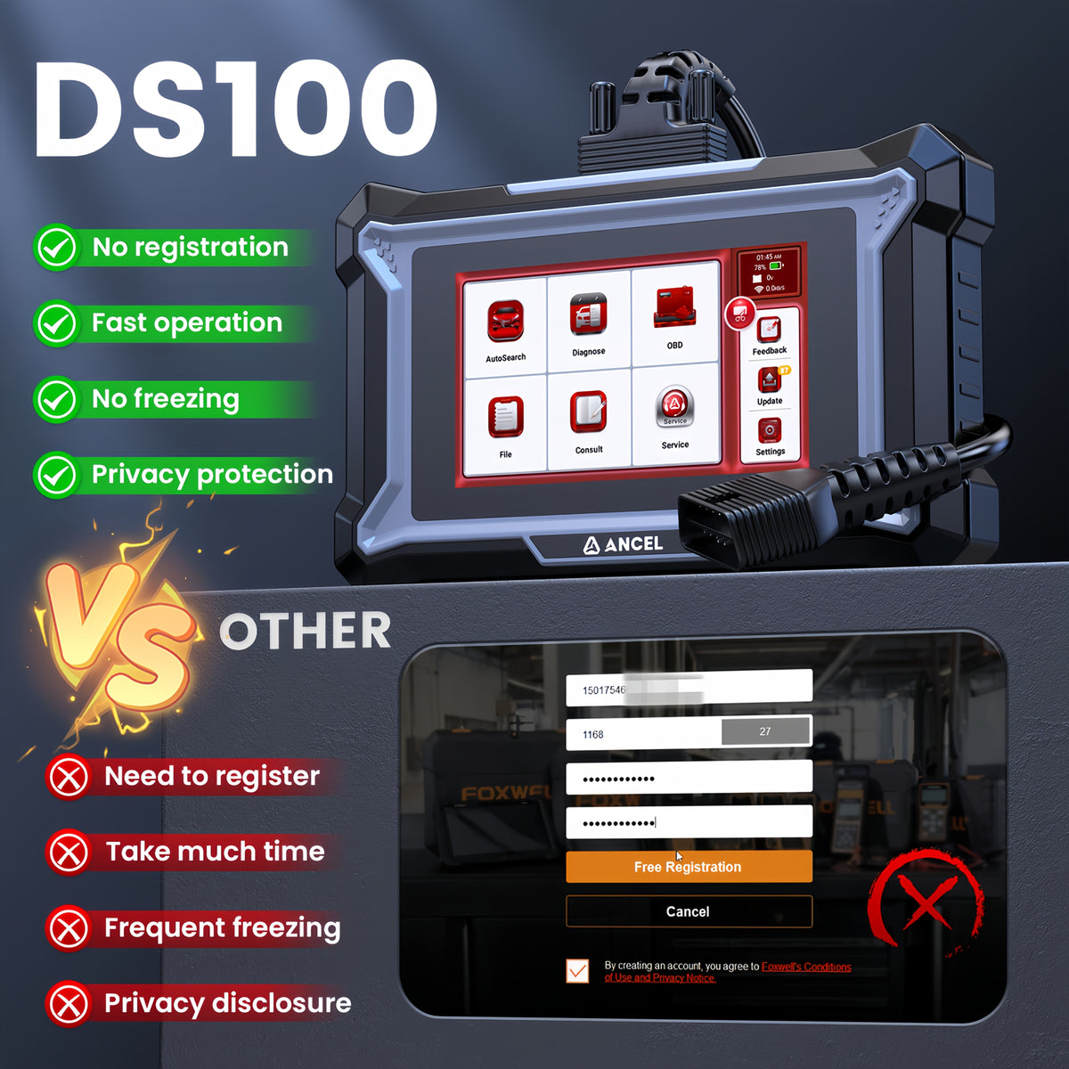 ANCEL DS100+Gift: BM410 (BM410 Without Wireless Functionality) OBD2 Scanner ABS SRS Transmission Check Engine Code Reader With 7 Resets, Includes Large Protective Case For Diagnostic Tools, Without Battery
