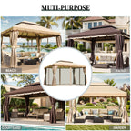Outdoor Patio Gazebo 10'x13', Heavy Duty Party Tent & Shelter With Double Roofs, Mosquito Nettings And Privacy Screens For Patio Lawn And Garden, Brown