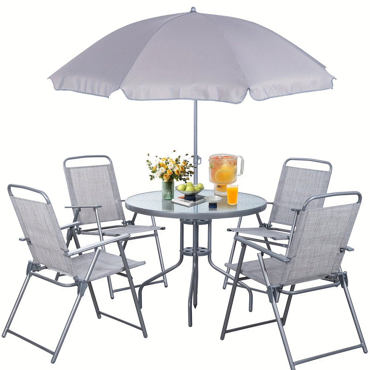 JY QAQA 6pcs Folding Patio Dining Set, All-Weather Small Metal Outdoor Table And Chair Set, Garden Patio Furniture Set W/Umbrella, Glass Table And 4 Folding Chairs for Lawn, Deck, Backyard
