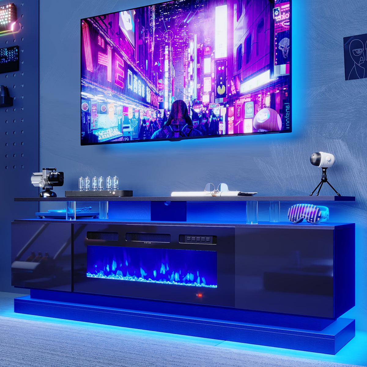 Fireplace TV Stand with 36" Fireplace, Modern High Gloss Fireplace Entertainment Center LED Lights, TV Console Cabinet for TVs Up to 80"