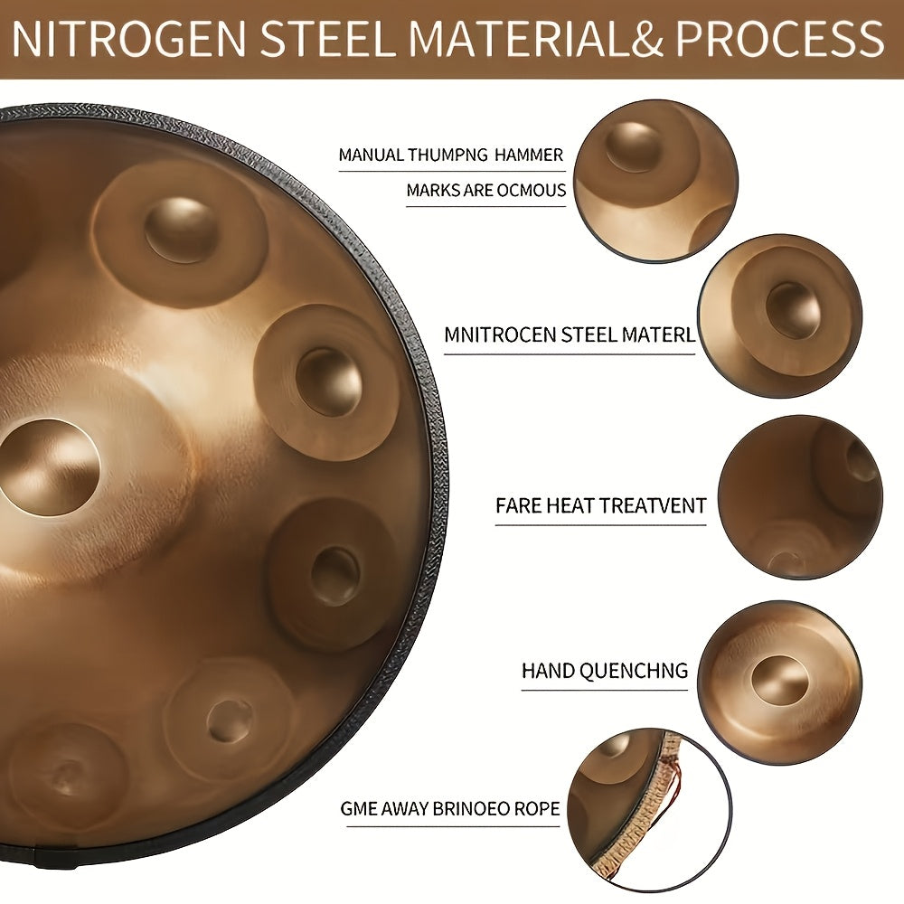 440Hz 22-Inch 10 Notes Handpan Drum Premium Steel Hand Drum For Adults, Golden Handpan Instrument For Meditation, Sleep Aid & Relaxation. A Complete Soothing Sound Healing Tool For Mindful Practice Gift Giving.