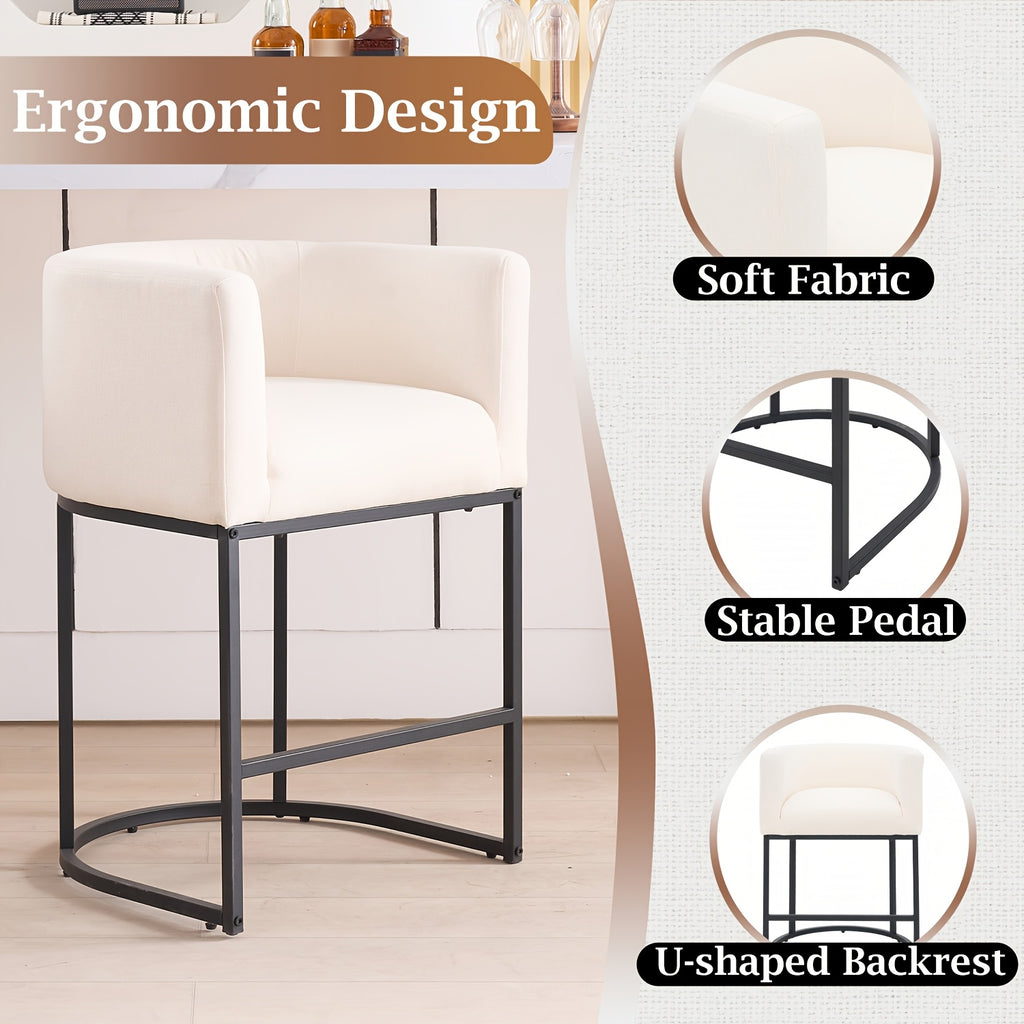 26-Inch Tall Modern Barrel-Shaped Beige Bar Stool - Bar Stool with Ergonomic Backrest And Armrests, Linen And PU Fabric Cushion And Sturdy Black Metal Frame, Suitable for Kitchen Islands, Breakfast Bars, And Home Decoration