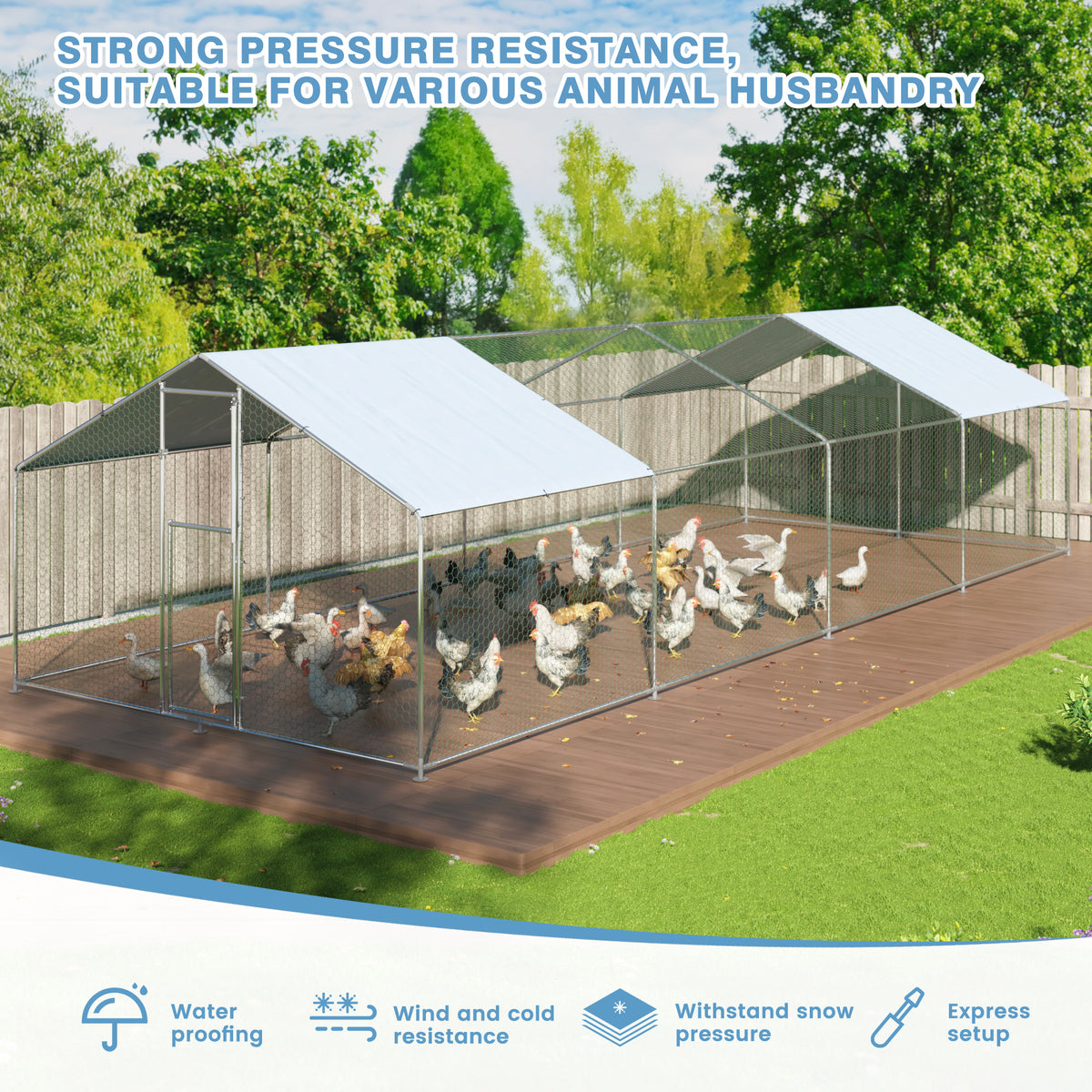 Walk-In Chicken Run with Feeding Port and UV-Resistant Cover, Galvanized Outdoor Poultry Enclosure