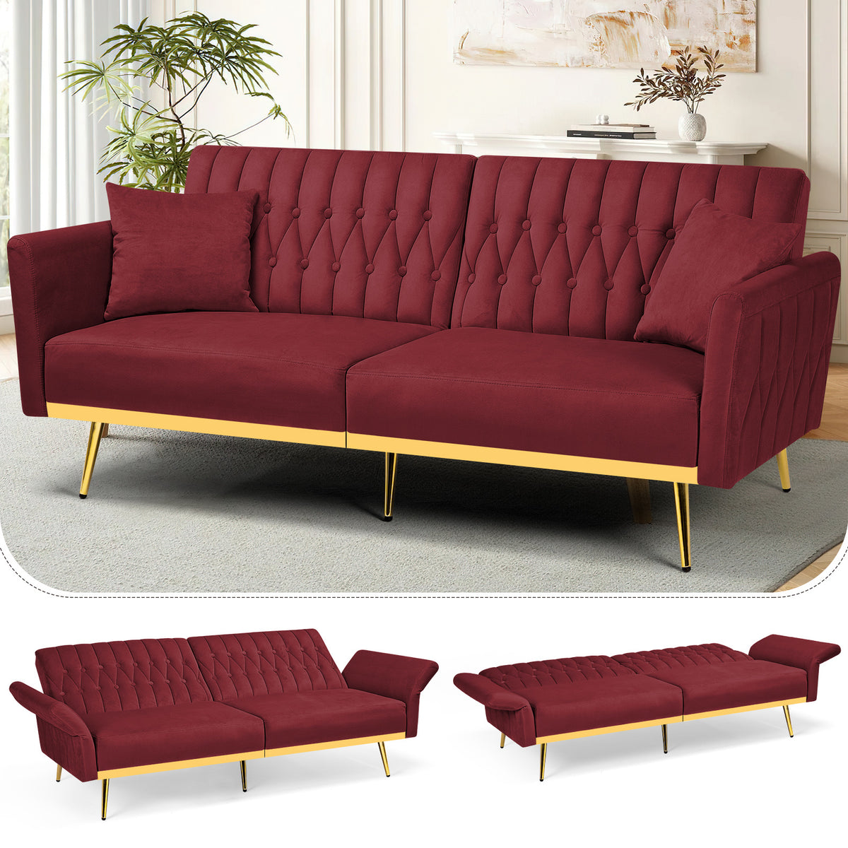 ACMEASE 70-Inch Velvet Convertible Sofa Bed with 2 Pillows, Adjustable Backrest And Armrest Tufted Sleeper Sofa with Golden Metal Legs for Living Room
