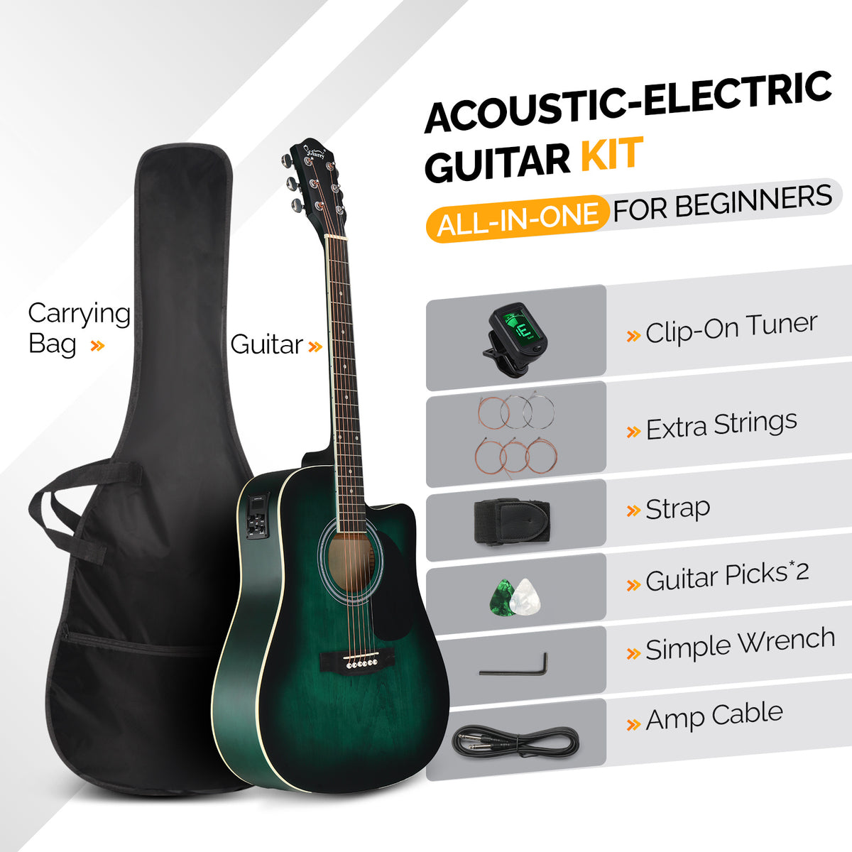 41in Full Size Electric Acoustic Guitar, Acoustic Guitar Kit, Cutaway Style, 6-String, Electric Acoustic Guitar w/Inbuilt Tuner, Bag, Strap, Pickups, Strings