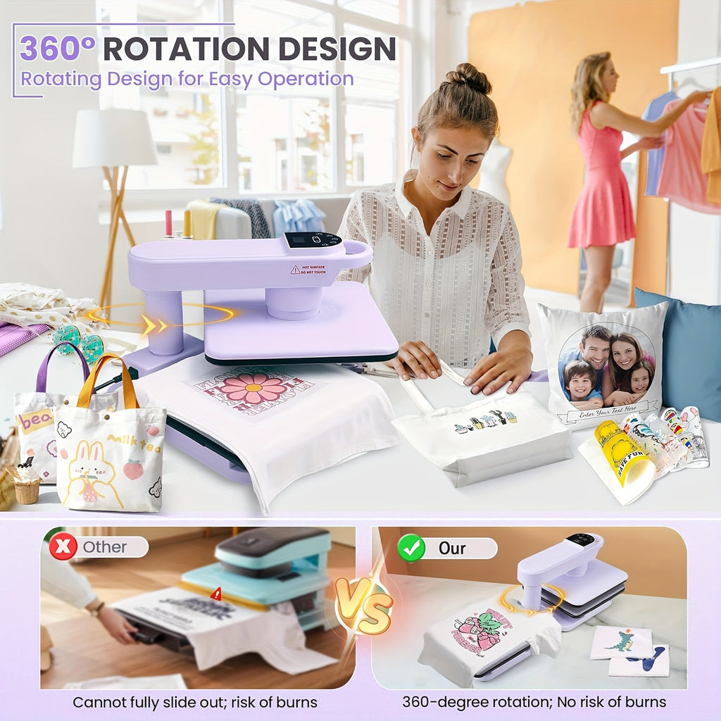 15x15 Inch Swivel Auto Heat Press Machine, 360° Swing Away Smart T-Shirt Printing W/Auto Press & Auto Release & Auto-Off, 7 Adjustable Pressures & 1.85" Higher Heating Height For HTV, Dual-tube Heatinbg, Sublimation, Heat Transfer Projects