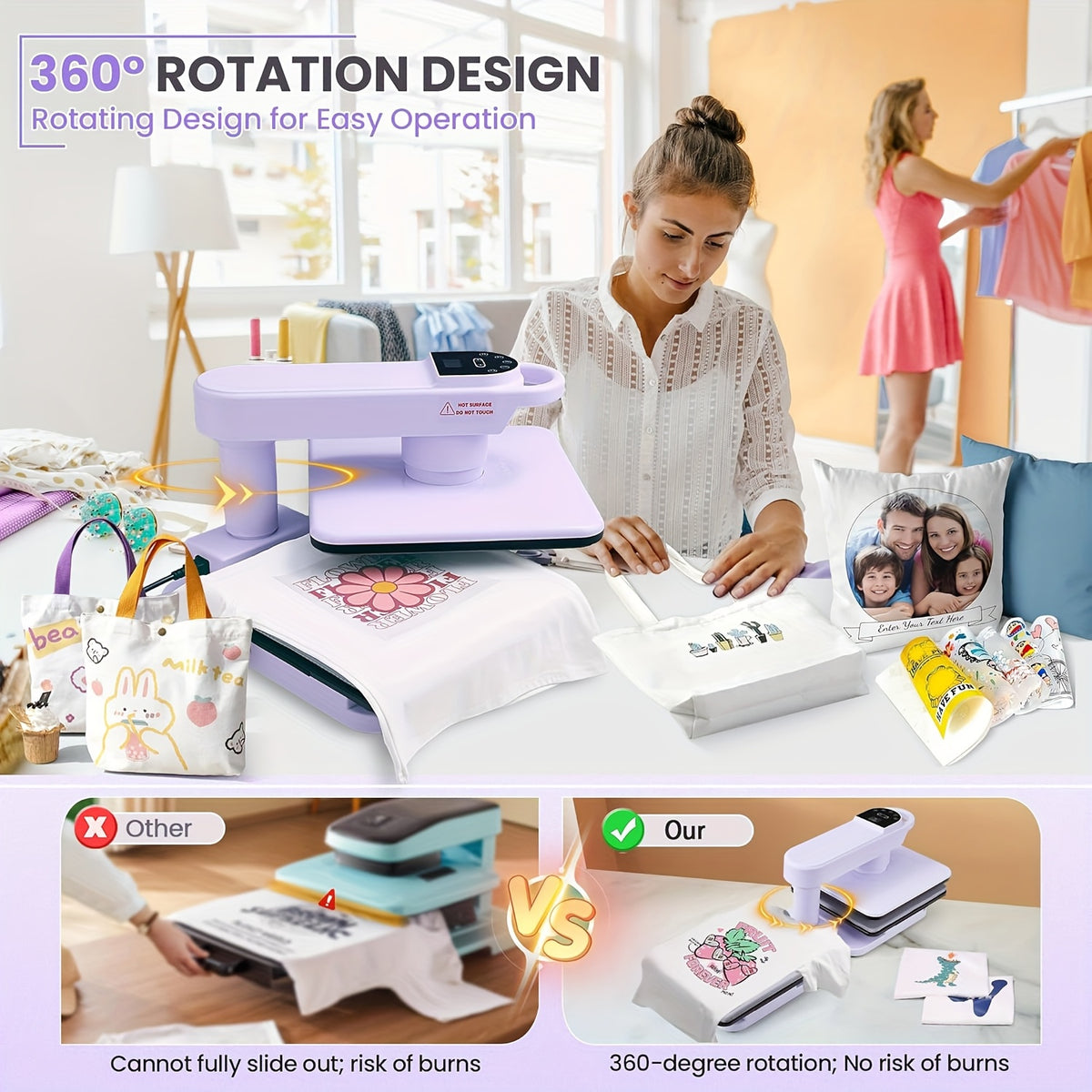 15x15 Inch Swivel Auto Heat Press Machine, 360° Swing Away Smart T-Shirt Printing W/Auto Press & Auto Release & Auto-Off, 7 Adjustable Pressures & 1.85" Higher Heating Height For HTV, Dual-tube Heatinbg, Sublimation, Heat Transfer Projects