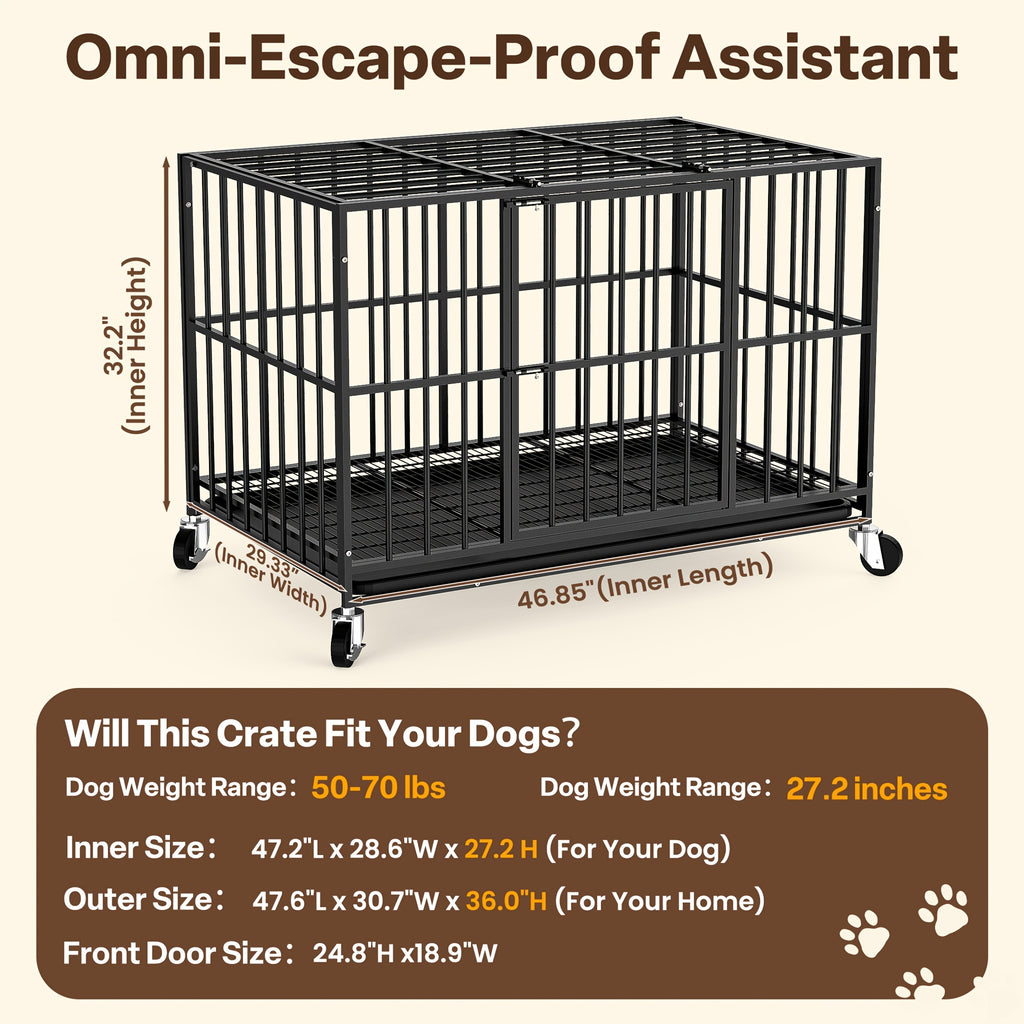 Large Indoor Dog Crate with Wheels, Removable Door Panel, Indoor Kennel, Easy to Clean, Removable Tray, Extra-large Dog Crate Suitable for Large And Medium-sized Dogs