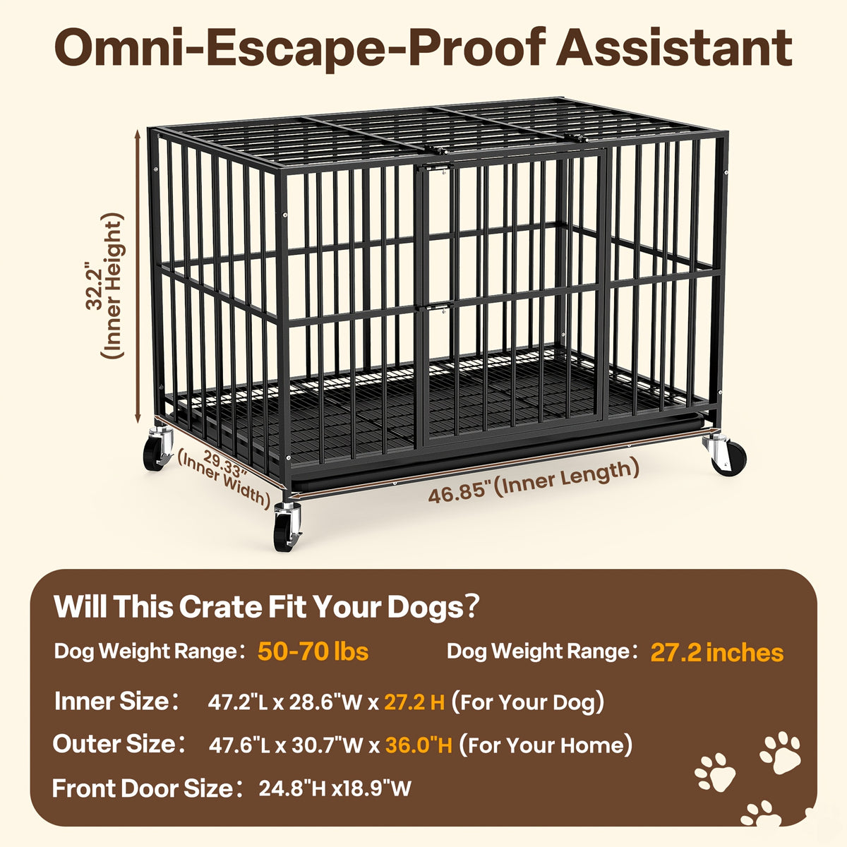 Large Indoor Dog Crate with Wheels, Removable Door Panel, Indoor Kennel, Easy to Clean, Removable Tray, Extra-large Dog Crate Suitable for Large And Medium-sized Dogs