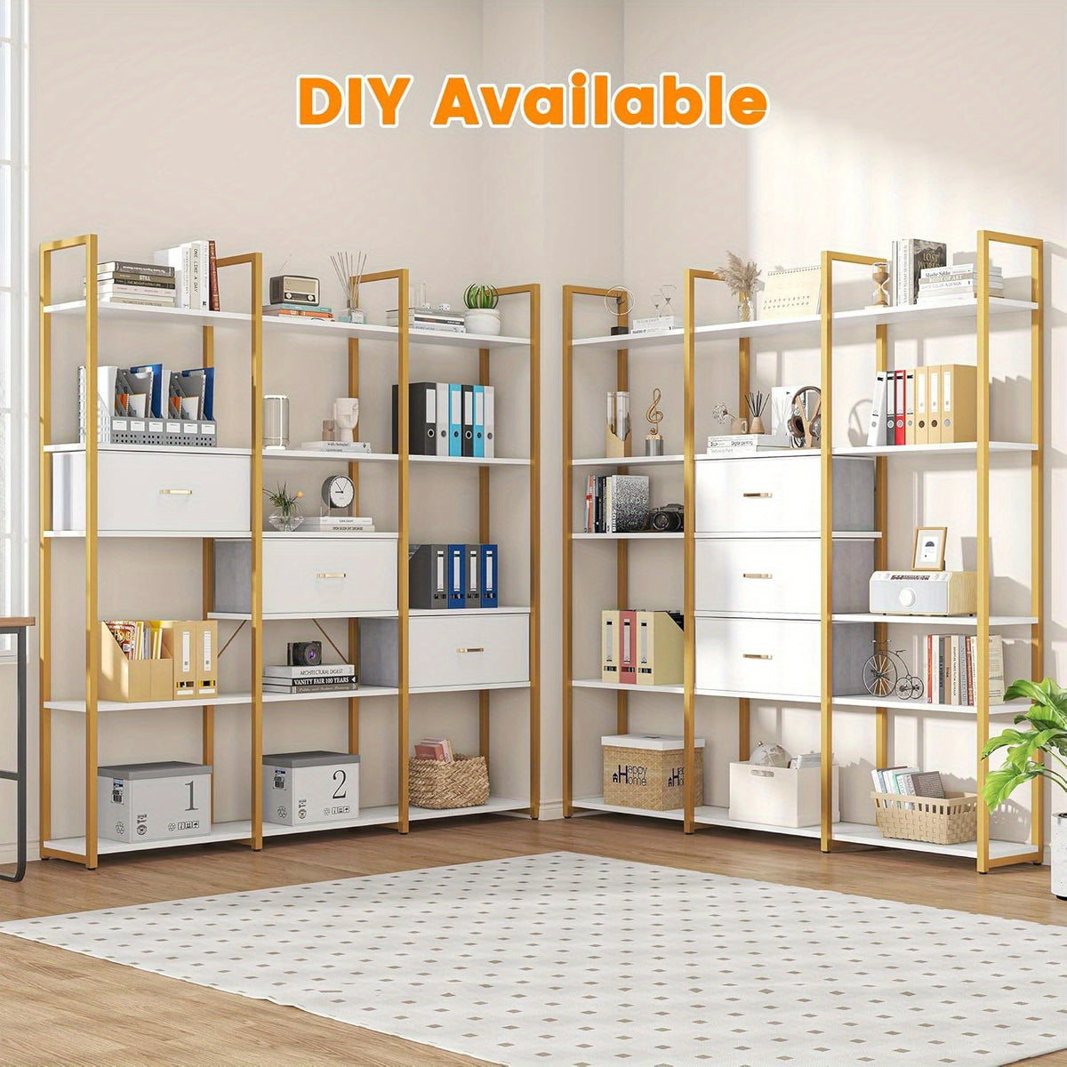 Semoic Triple Wide 6 Tiers Industrial Book Shelf with 3 Drawers and Storage Shelves, 73.6" Tall Bookcase with 16 Open Display Shelves, Large Etagere Bookshelf with Metal Frame for Home& Office, Golden