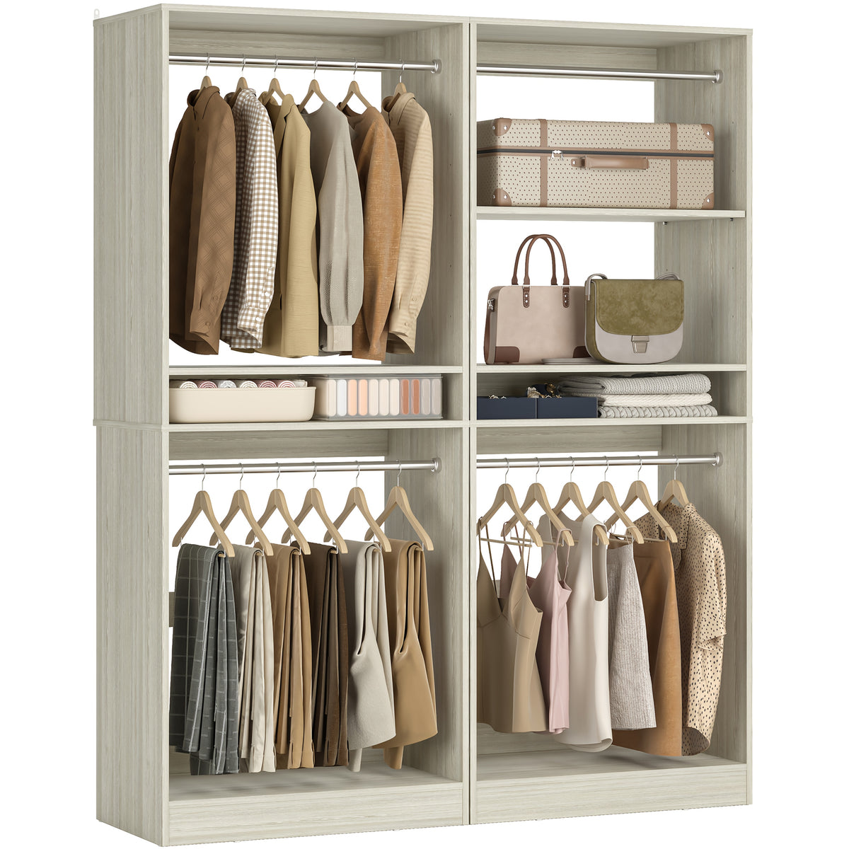 Besiost 50 Inch Closet System, 4.2ft Closet Storage Organizer with Hanging Rods And Shelves, Sturdy Walk In Wardrobe Closet Tower, Adjustable Clothes Garment Rack, Easy Assembly, Set Of 2, White
