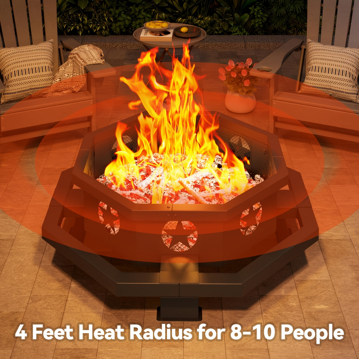 43 Inch Fire Pit For Outside Wood Burning, Outdoor Octagonal Fire Pit With Poker, Large Firepit For Camping, Backyard, Patio, Black