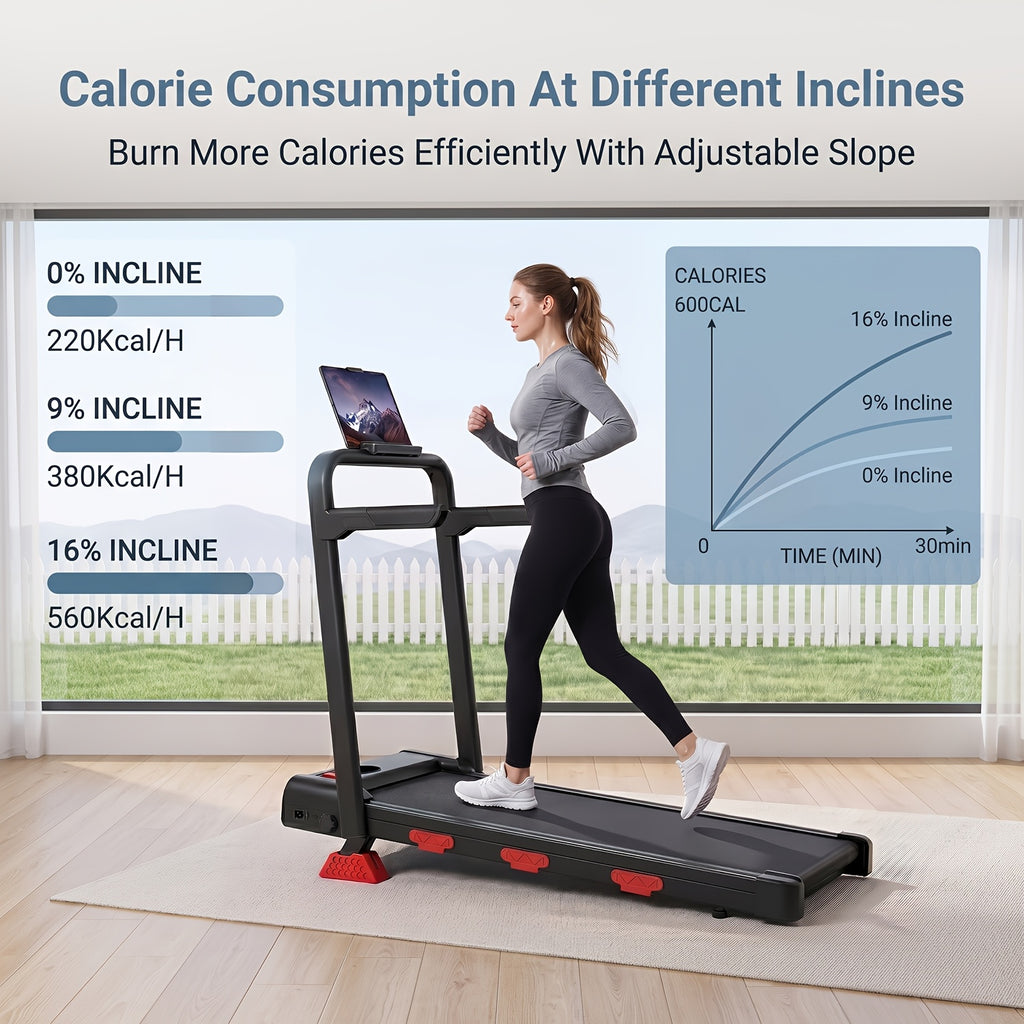 Compact Foldable Treadmill for Home And Office, Featuring 16% Incline, 2.5HP Silent 45dB Motor, 300Lbs Capacity, Adjustable Speed 0.6 to 6.2 MPH, Nonslip Handle Bars, Six Layer Cushioning Running Belt, LED Display