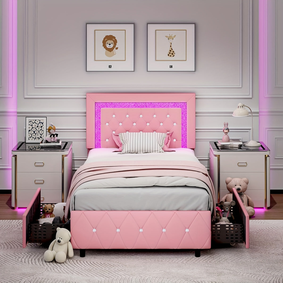 Twin Full Queen Size Bed Frame With LED Lights And Storage Drawer With Scroll Wheels, Upholstered Platform Bed With Crystal Tufted Headboard, Maximum Weight Recommendation 800 Pounds, Black/White/Pink/Yellow