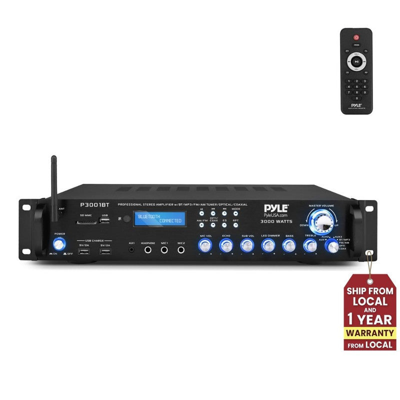 Bluetooth Hybrid Amplifier Receiver - Home Theater Pre-Amplifier with Wireless Streaming Ability w/ Digital Optical/Coax, MP3/USB/SD/AUX/FM Radio (3000 Watt)