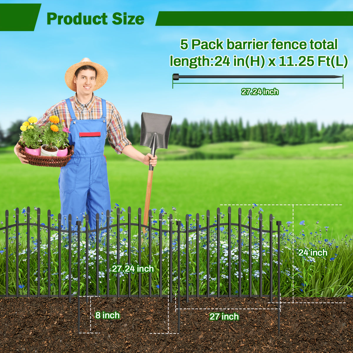 [3D] 8/10 Panels No Dig Decorative Garden Fence with Gate - 32/40in H, Tall Heavy-Duty Square Tube Animal Barrier, Rustproof Dog Fence for Outdoor Yard & Patio Protection