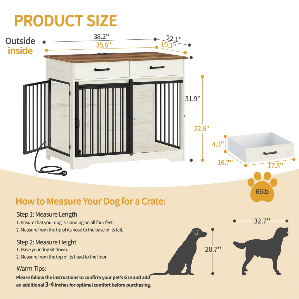 38.2'' Dog Crate Furniture with Charging Station, Barn Door Dog Kennel Indoor with 2 Storage Drawers, Wooden Pet Cage End Side Table for Medium/Large Dogs, Chew-Proof, Black/White Brown