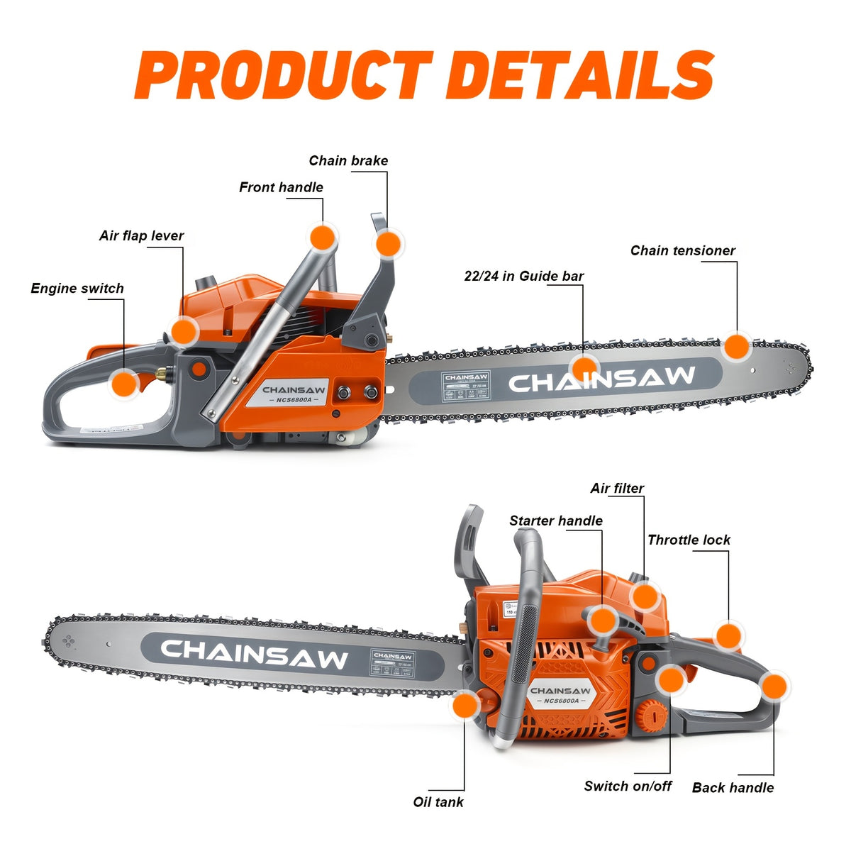 Neotec 68CC 2-Cycle Top Handle Gas Powered Chainsaw Equipped With 24-inch + 22-inch Guide Plates Handheld Cordless Chain Saw For Tree Wood Cutting