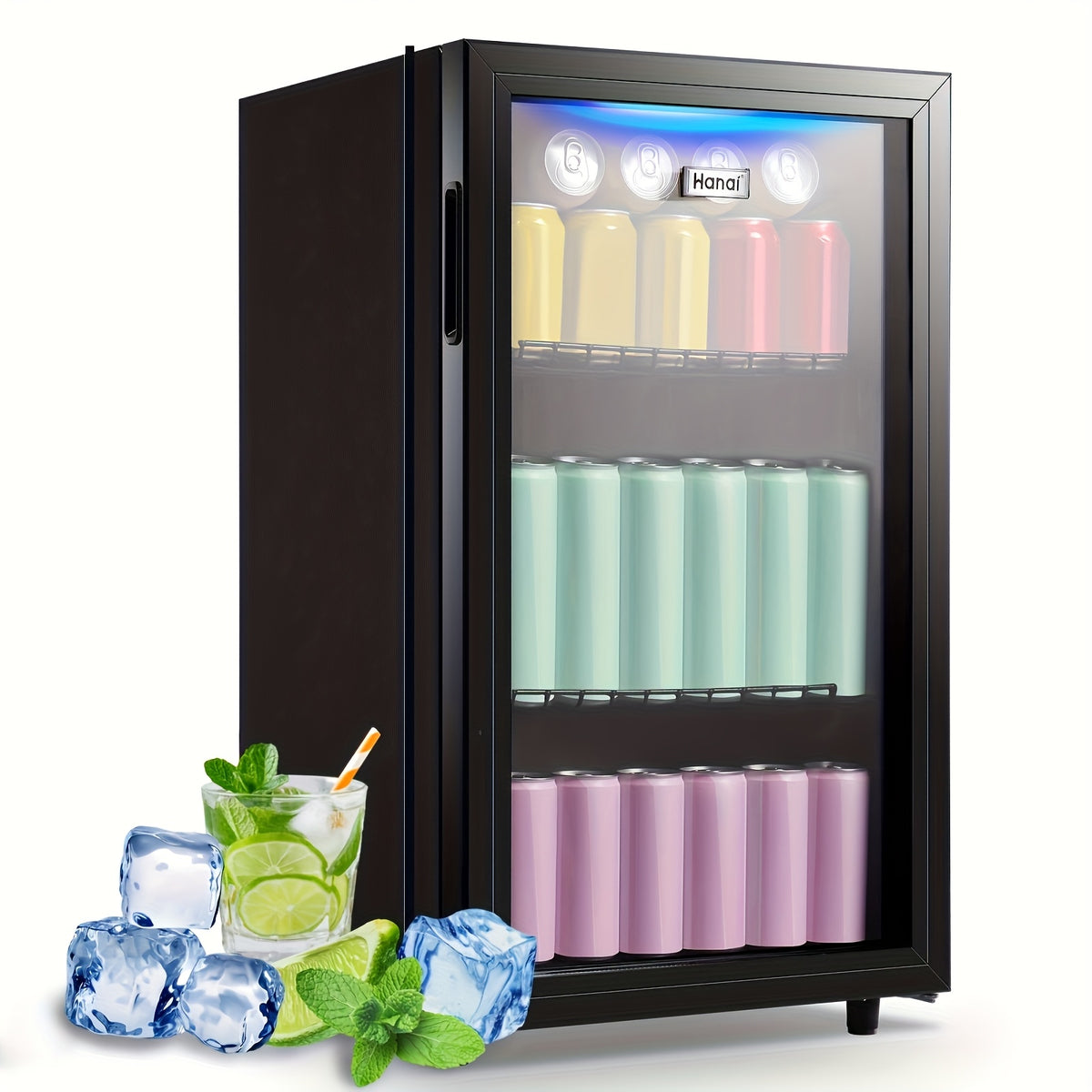 WANAI Beverage Refrigerator 125 Can Mini Fridge Cooler Black Mini Fridge Glass Door for Soda Juice Small Drink Cooler Machine Clear Front Removable for Home Office Bar Freestanding