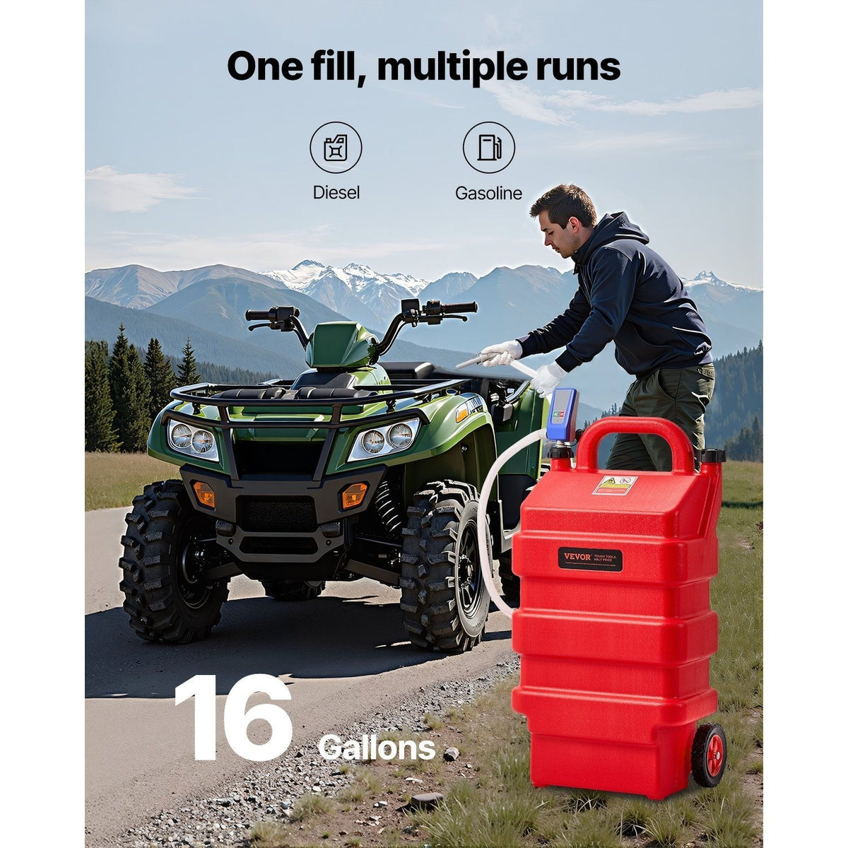 VEVOR Fuel Caddy 16 Gallon/ 32 Gallon Fuel Tank with 12V DC 2.5 GPM/ 15 GPM Electric Transfer Pump