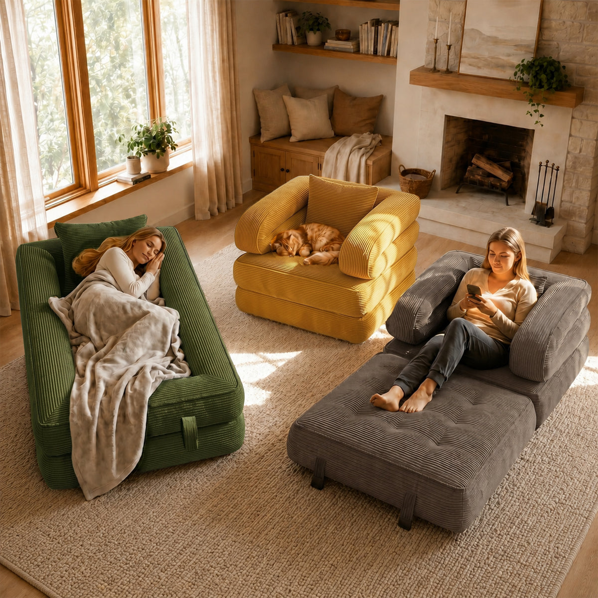 3-in-1 Convertible Folding Sofa Bed, Floor Futon Couch Cloud Shaped Corduroy Upholstered, High-Density Foam Ultra-Soft Comfy Lounge Bean Bag Chair, Versatile Pull-Out Sleeper for Living Room Guest