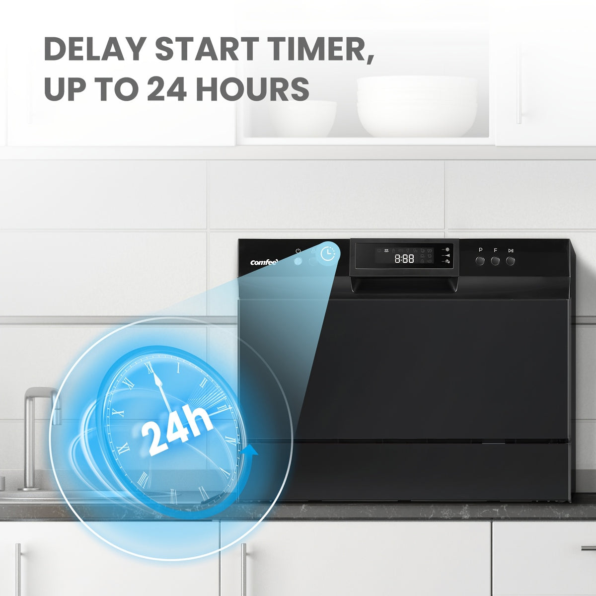 Comfee Compact Countertop Dishwasher 6 Place Settings 8 Wash Cycles with Baby Care Eco Mode 24 Hour Delay Start Water Saving Portable Dishwasher Ideal for Small Kitchens Apartments Dorms