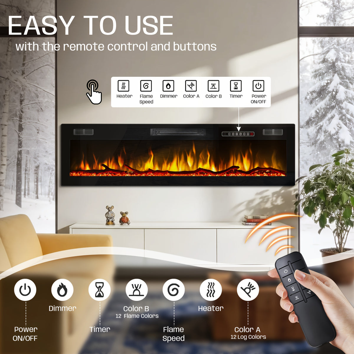 50/60/68/72 Inch Electric Fireplace, Recessed And Wall Mounted Fireplace, Fireplace Heater with Remote Control, Linear, Ultra-Thin Fireplace Heater with 12 Adjustable Flame Color, Log & Crystal Options, 750/1500W