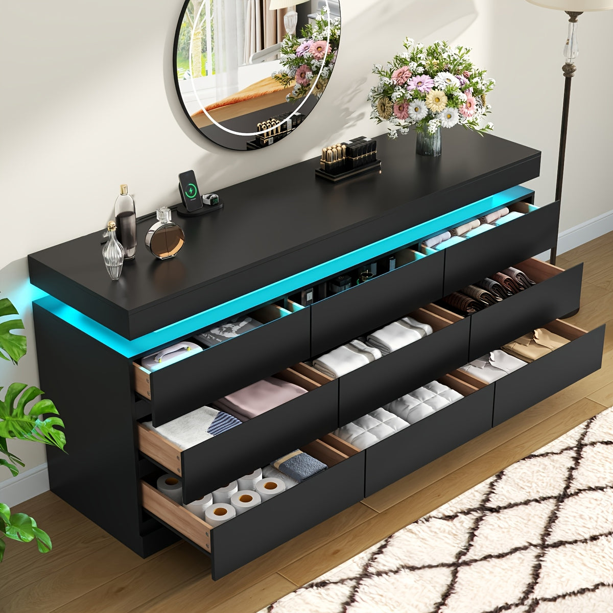 Bedroom Storage Dresser, Large 9-Drawer Chest with Charging Station and LED Lights for Modern Rooms