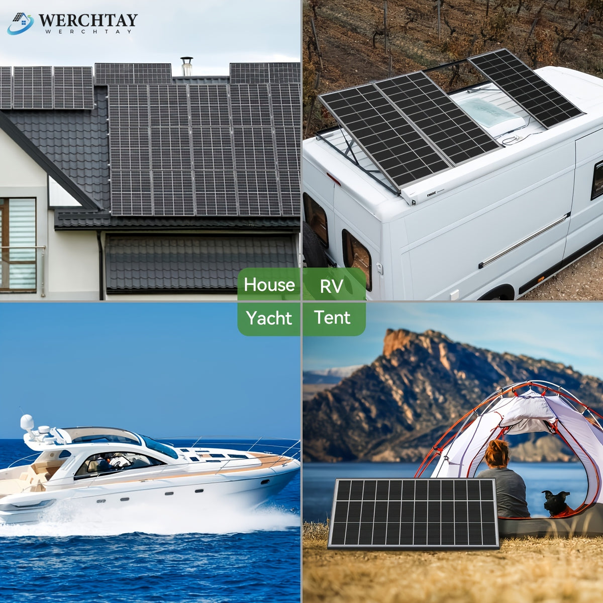 Werchtay Bifacial Monocrystalline Solar Panel, 24% High Efficiency 2pcs 200W Bifacial Solar Panel System, Advanced Half-cut Process Technology Cells, Suitable For Home Farm RV Trailer Camping Boat Yacht Off-grid System, Without Battery