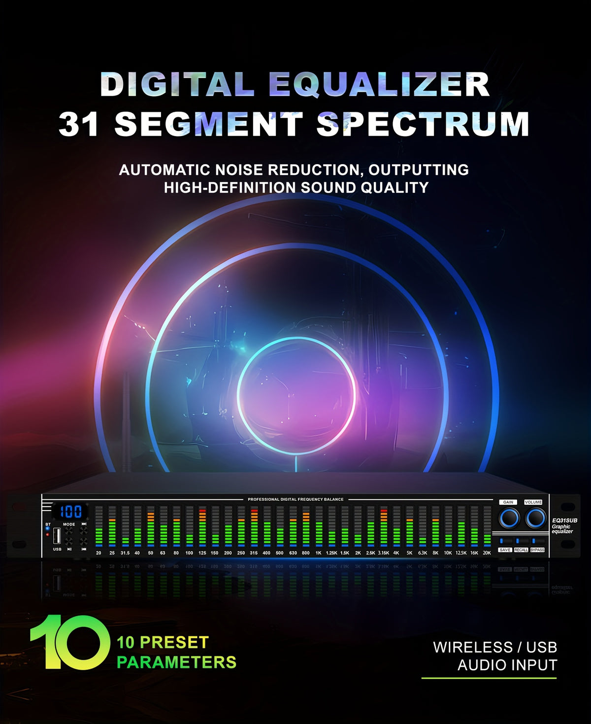 1U-EQ31 Digital Equalizer | Equipped with Real-time Spectrum Analysis, Suitable for Home Audio Systems, Studio Grade Equalizers, And Can Be Used In Conjunction with Audio Amplifiers, Amplifiers, Mixing Consoles, Mixers, Microphones, And Other Equipme
