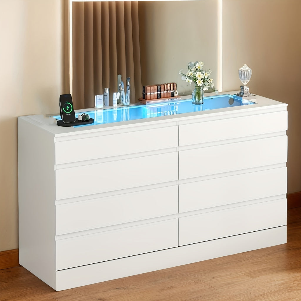 Chest of Drawer, 8-Drawer Dresser with Glass Top And Power Outlet, White Dresser for Bedroom, Modern Double Wide Drawer Organizer Cabinet for Bedroom, Living Room (15.75" D X 47.24" W X 30.71" H), Storage Drawer Units