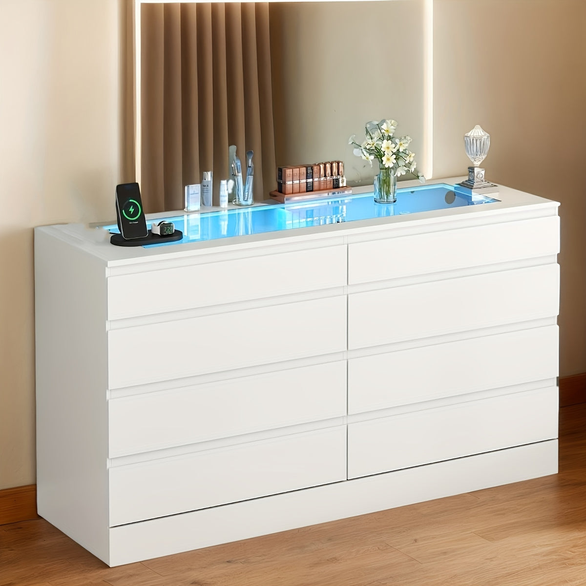 Chest of Drawer, 8-Drawer Dresser with Glass Top And Power Outlet, White Dresser for Bedroom, Modern Double Wide Drawer Organizer Cabinet for Bedroom, Living Room (15.75" D X 47.24" W X 30.71" H), Storage Drawer Units