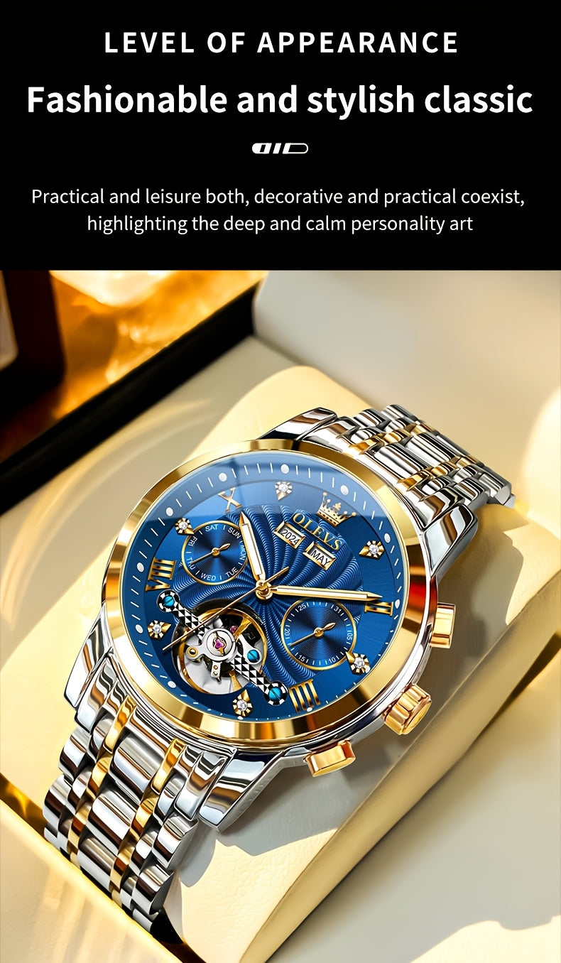 OLEVS Men's Mechanical Watch — Automatic Stainless Steel Wristwatch with Luminous Dual-Calendar Large Dial
