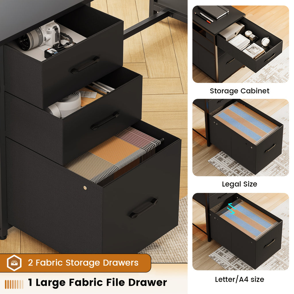 L-Shaped Desk with Storage Shelves, 64.5" Reversible U-Shaped Office Desk with 3 Fabric Drawers, Gaming Desk with Power Outlet & LED Strip, Large PC Workstation for Home Office, Brown/Black/White/Gray