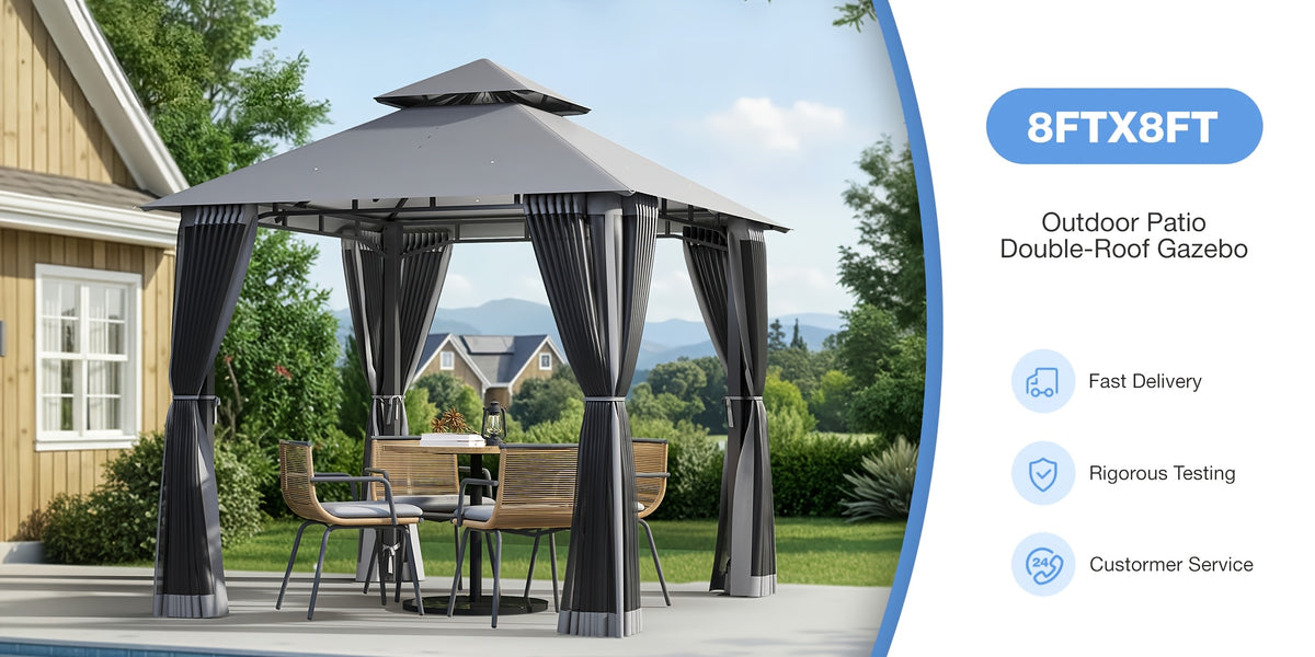 8'x8'Heavy-Duty Aluminium Alloy Outdoor Gazebo With Double Roof Canopy - All-Weather Pergola Mosquito Netting, Suitable For Terraces, Backyards, Or Gardens (grey)