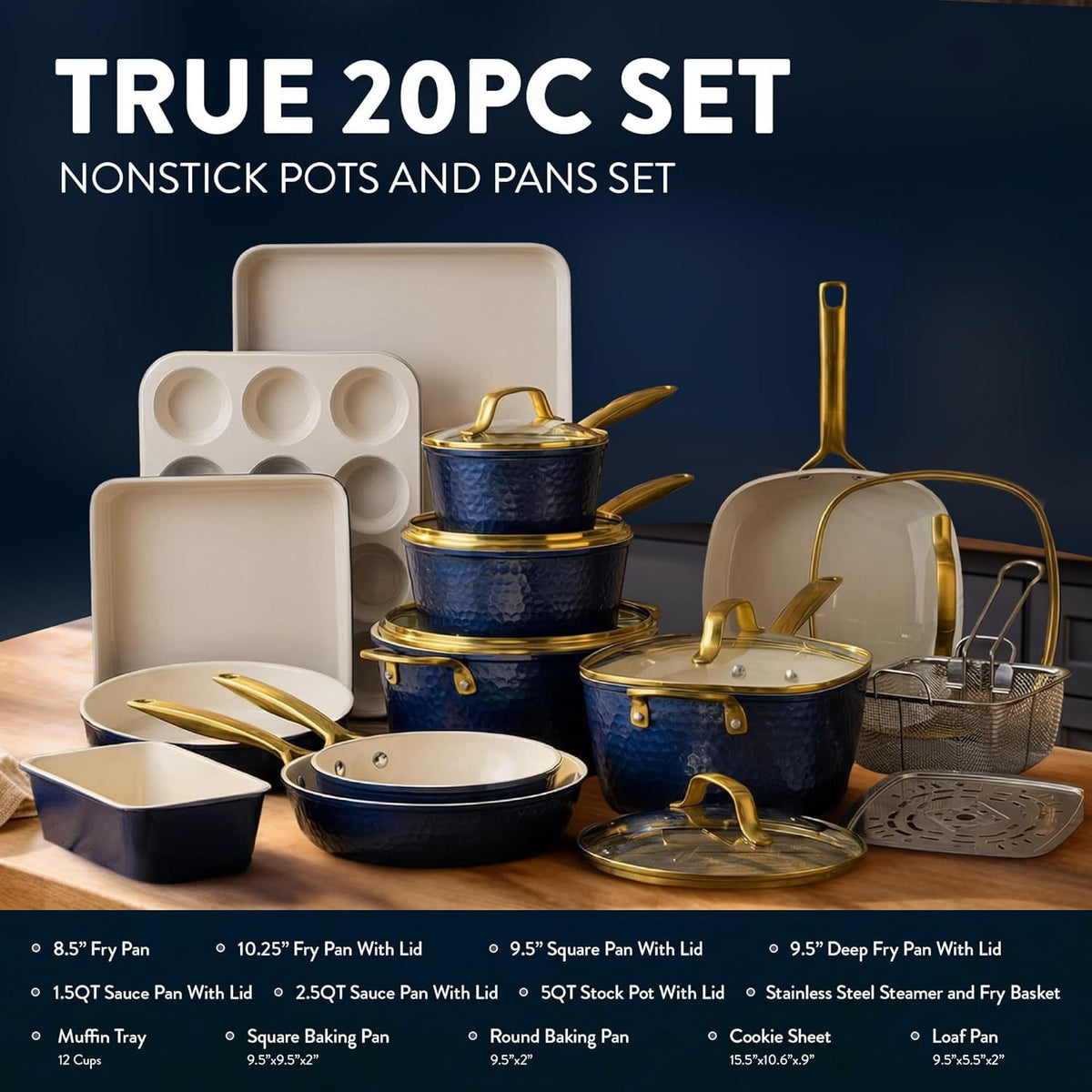 Gotham Steel Hammered 20 Pc Ceramic Cookware Set Nonstick, True Ceramic Pots and Pans Set Non Stick with Deep Square Pan Set & Bakeware Set, Non Toxic PFOA PFOS Free, Oven & Dishwasher Safe