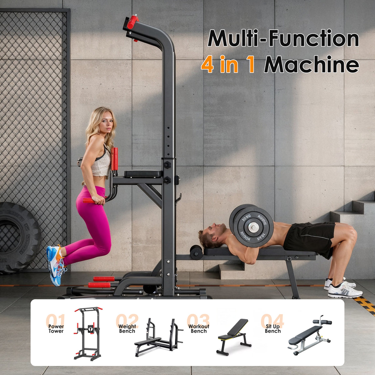 Pull Up Bar Dip Station, Power Tower with Folding Dumbbell Bench & Backrest, Adjustable Height Pull Up Bar Stand, Multi-Function Home Gym Strength Training Fitness Equipment 330LBS