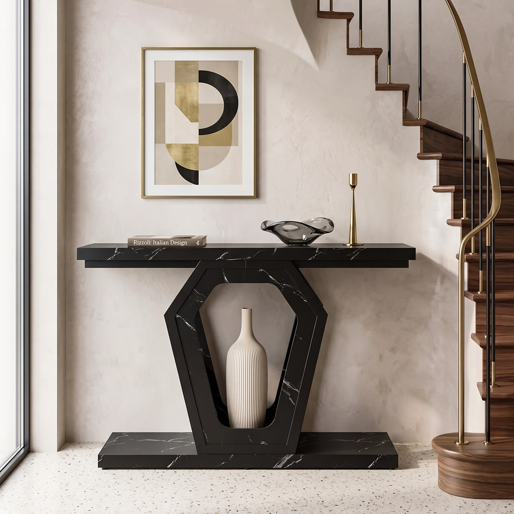 47.3" Modern Console Table with White Marble Texture, Narrow Sofa Table for Entryway & Hallway, Slim Behind Couch Table with Openwork Bracket, Foyer Table for Living Room, Easy Assembly