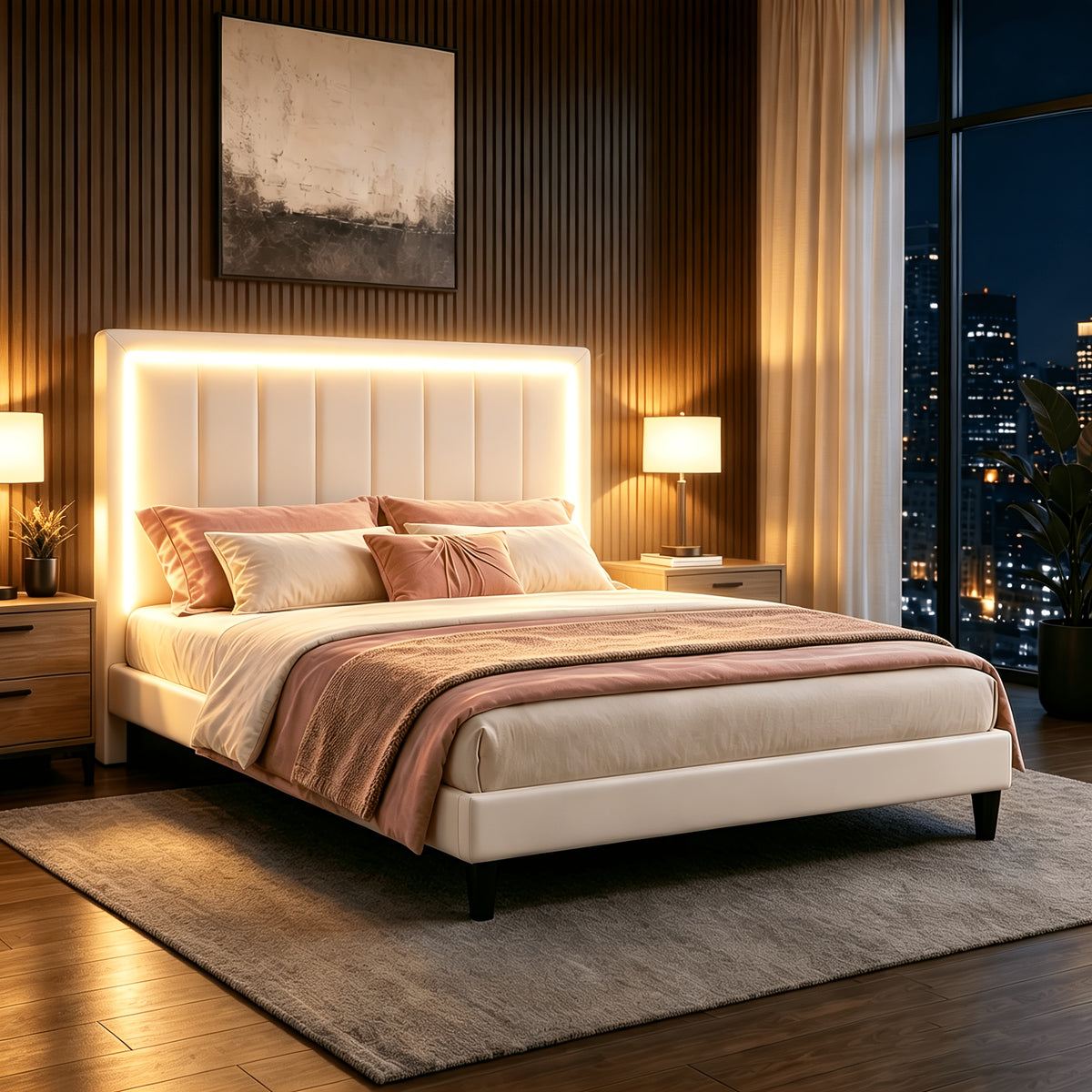 Twin Full Queen Size Bed Frame with LED Lights, Upholstered Queen Size Bed Frame with Headboard And Footboard, Heavy Duty Wood And Metal Slats Support, Noise-Free, No Box Spring Needed, Queen Bed Easy Assembly, Black, White, Pink