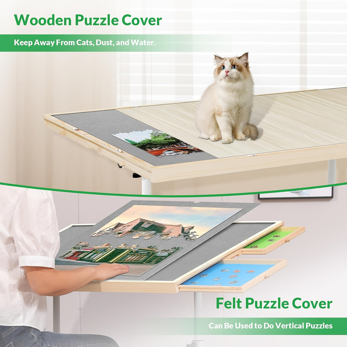 Adjustable Height Puzzle Table with Tilt Board And Sorting Trays, 35 X 26 Inches Large Puzzle Table for Up to 1500pcs, Smooth 28.4-35.4 Inch Height Range, Rolling Wheels, Stable Metal Frame, Portable Puzzle Station for Adults Seniors