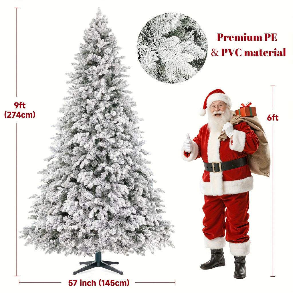 9ft Prelit Snow Flocked Artificial Christmas Tree with Multifunctional Remote, 8 Lighting Modes and 10 Brightness Musical Xmas Tree with Auto-Off Timer, 360 Degree Rotating Base Christmas Tree for Holiday Decorations