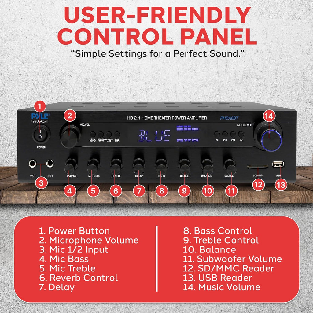 Home Entertainment Audio Amplifier with Bluetooth Wireless Streaming – Karaoke-Ready Stereo Receiver featuring Dual Microphone Inputs, USB-A and SD Card Media Support, FM Radio Function, and Multiple Audio Input and Output Options for Home Theater, Music