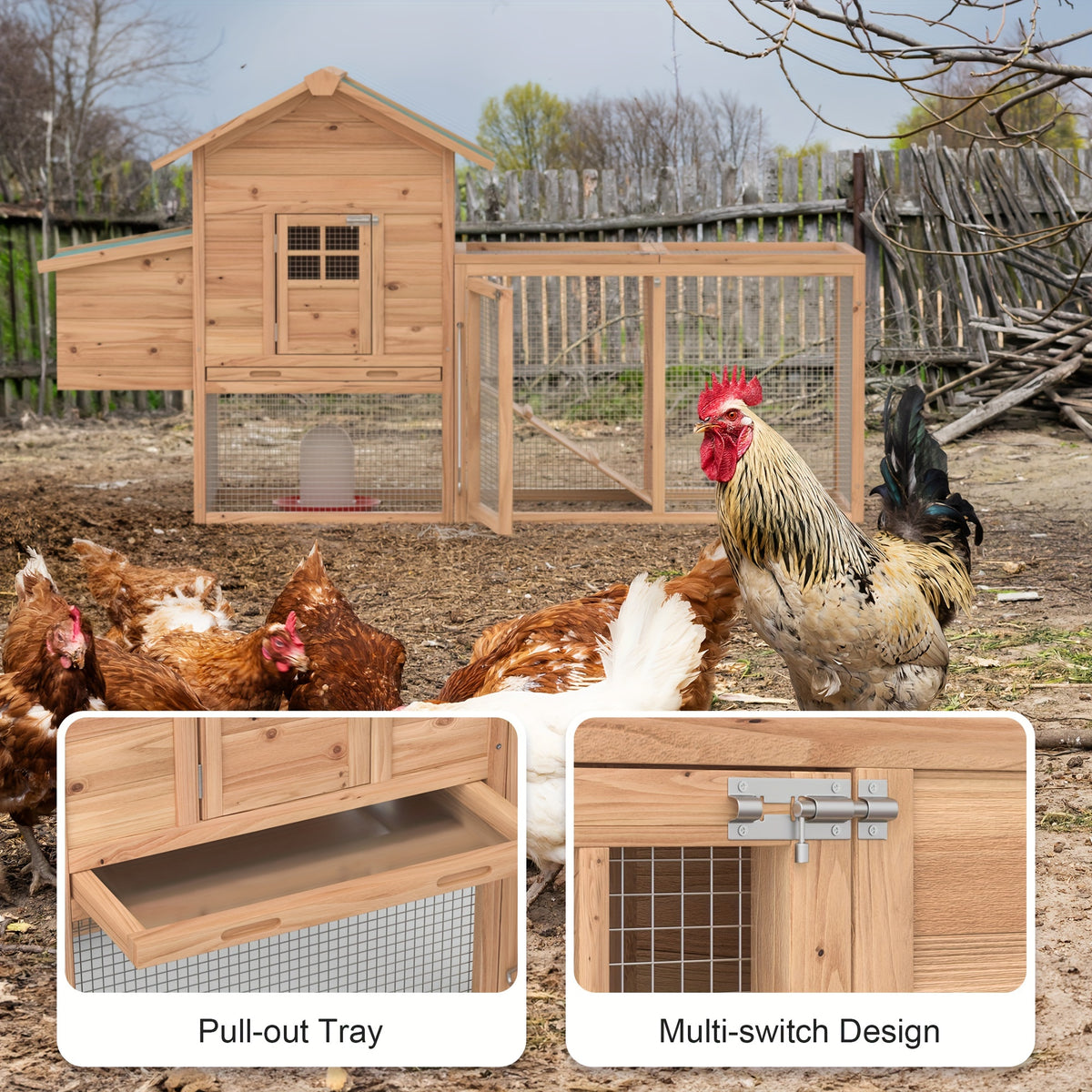 Outdoor Wooden Rabbit Hutch And Chicken Coop Featuring a Run, Egg Box, And a Roof, Without Battery