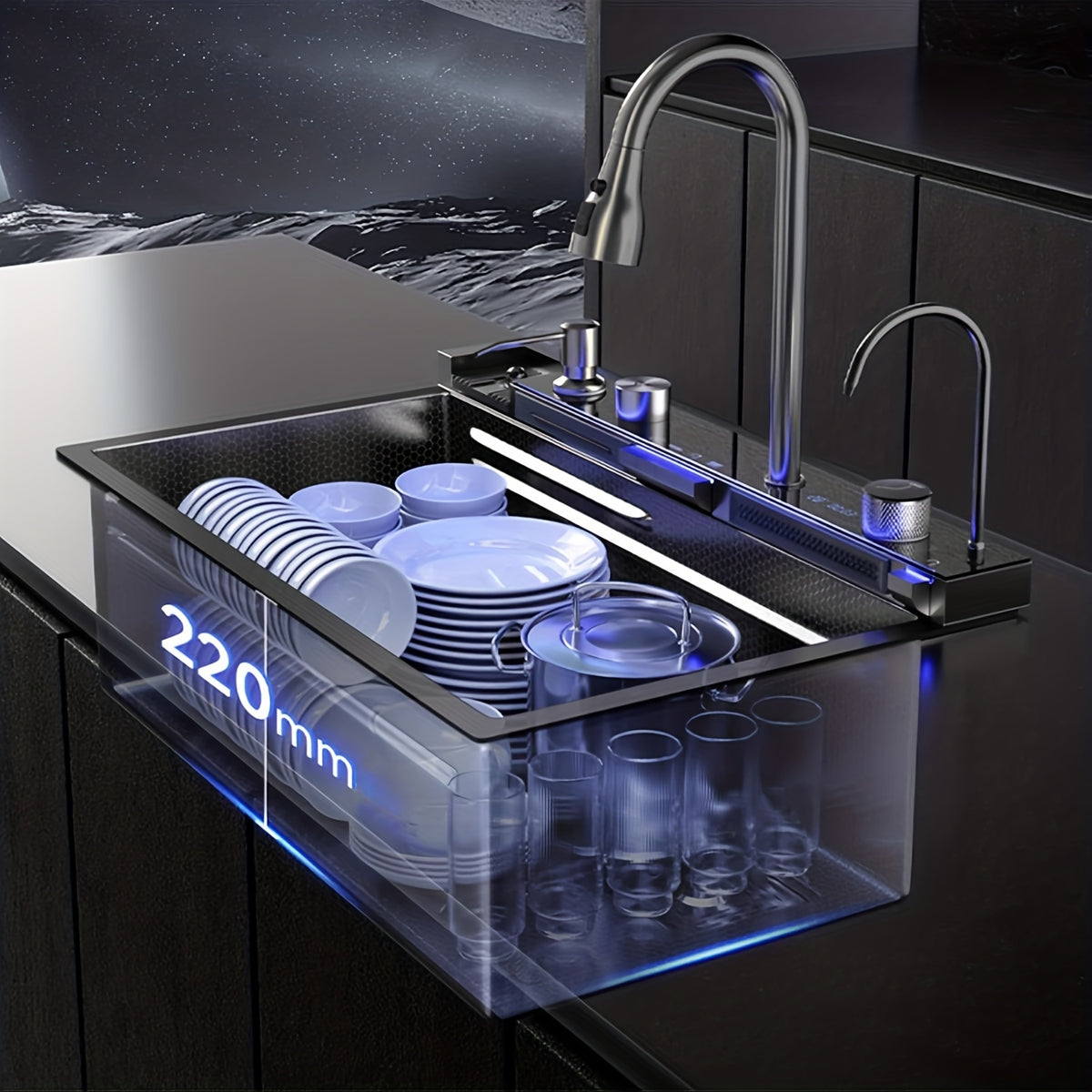 Kitchen Sink Double Waterfall Sink with LED Display with Cup Washer, Soap Dispenser, Waterfall Mixer, Worktop Controller, Etc. Workstation Kitchen Sink