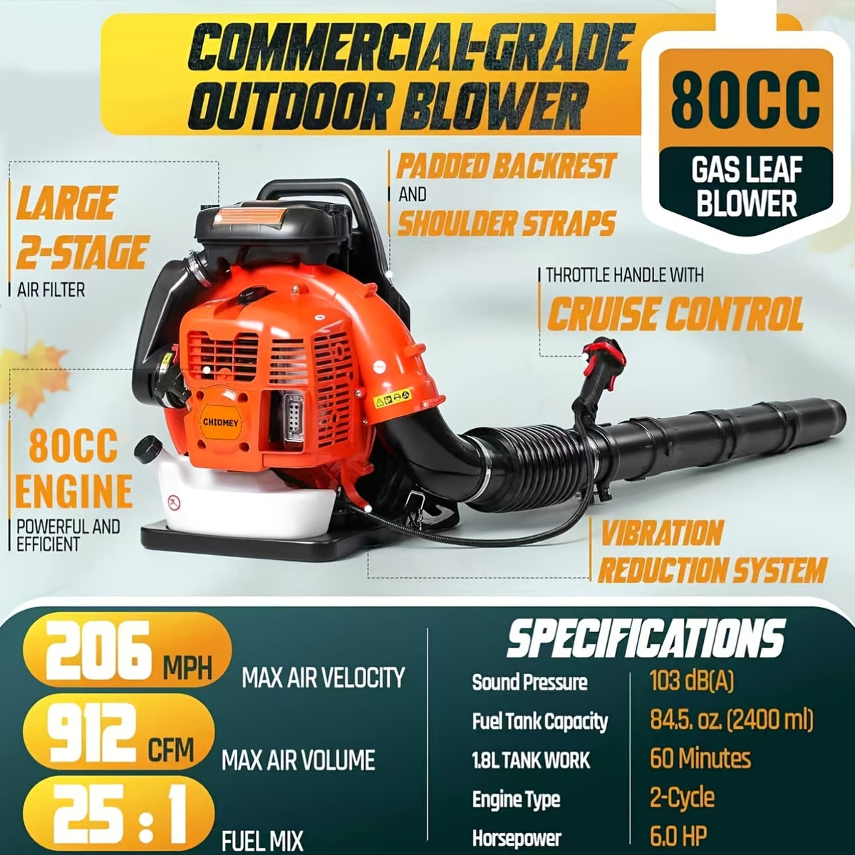 80CC 912 CFM 206 MPH 49N Backpack Leaf Blower Gas Powered, High-Performance 6.0 HP 2-Cycle Gas Leaf Blower, Backpack Blowers For Lawn Care, Snow Blowing, Yard & Driveway Cleanup