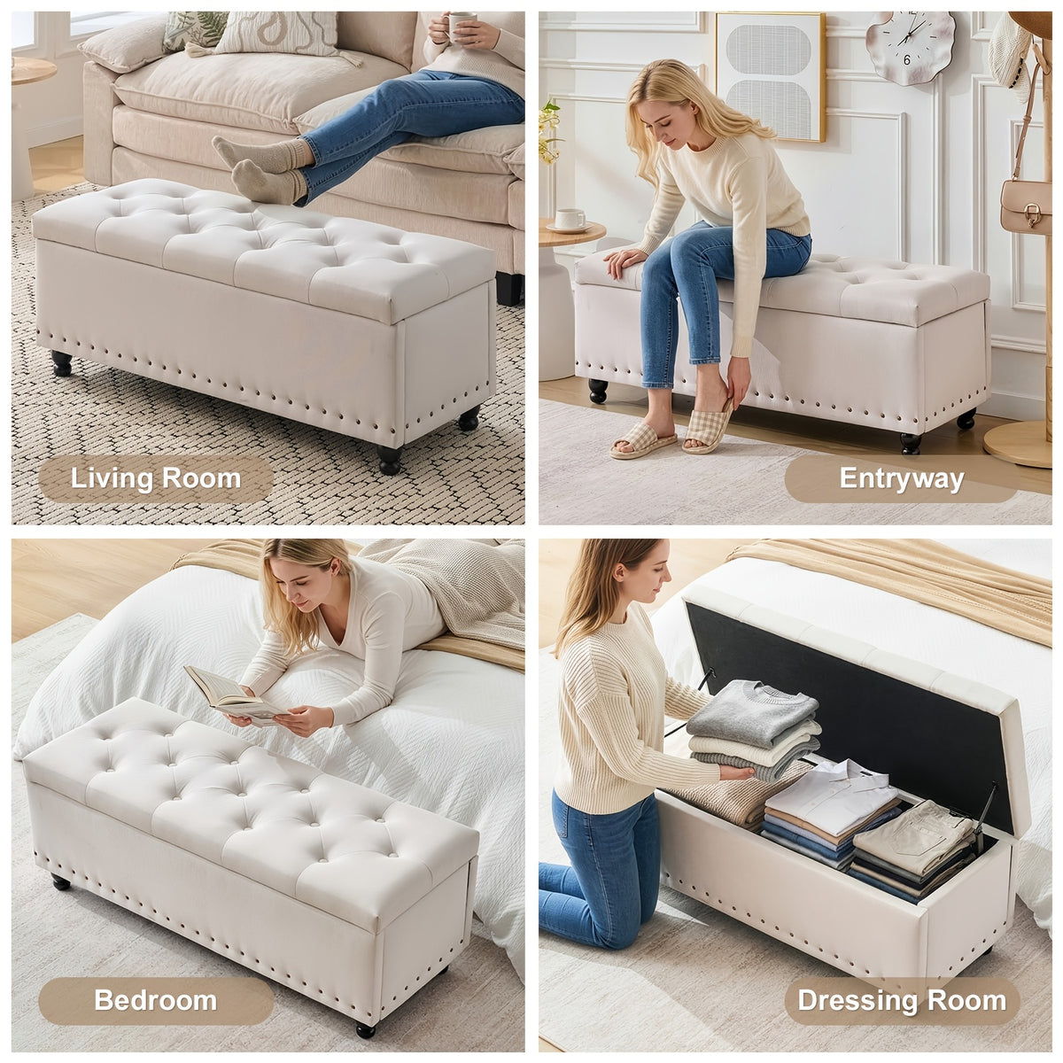 Ottoman With Storage, Storage Bench With Button-Tufted, End Of Bed Storage Bench Safety Hinge With Rivets, Large Storage Ottoman Bench For Bedroom, Living Room, Foot Of Bed